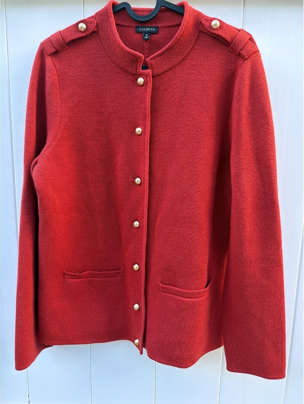 Talbots Women's Size M Rust Merino Wool Knit Jacket Gold Tone Buttons Pockets